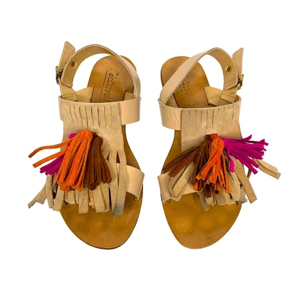 L'Intervalle Leather & Suede Nude Flat Sandals Colourful Tassel Front 38 7.5